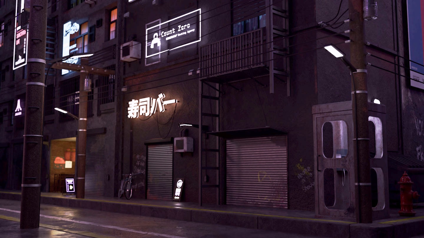 Final render of a dark futuristic city alley.