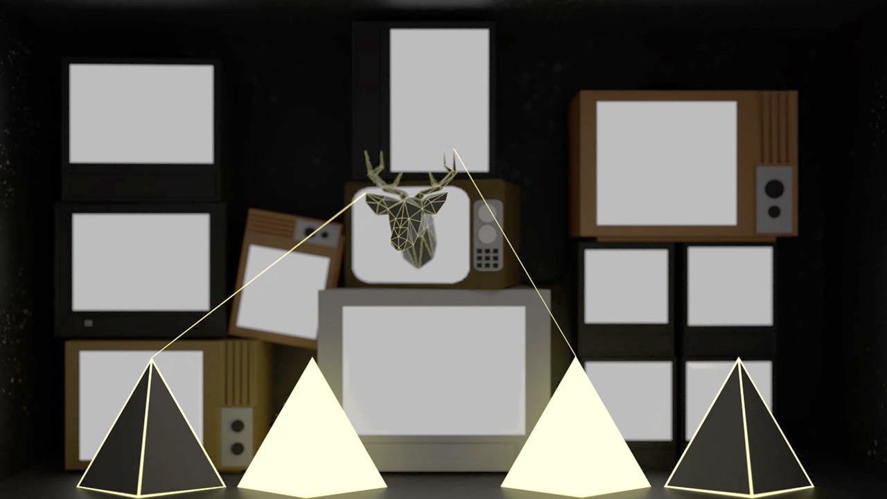 Bright and dark tetrahedrons with yellow lines and deer head in front of TV wall.