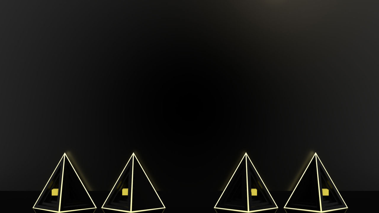 Black tetrahedrons with yellow outlines and yellow cubes on dark background.