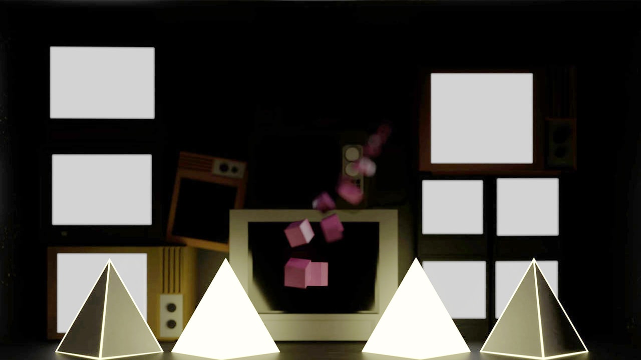 Bright and dark tetrahedrons with yellow outlines and pink abstract structure in front of TV wall.